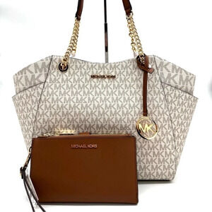Michael Kors Large Jet Set Travel Chain Shoulder Bag & Double Zip Wallet Vanilla